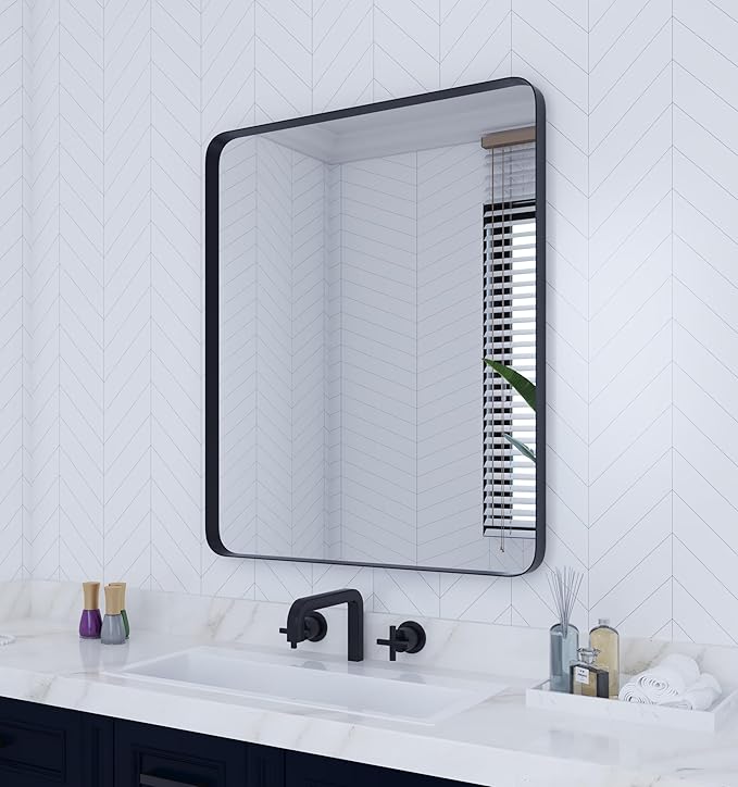 VocalStar 30 x 36 Inch Black Metal Framed Bathroom Mirror for Wall, Rounded Rectangle Metal Framed Bathroom Wall Vanity Mirror Farmhouse, 1/4-inch Shatterproof Glass | Ultra-Flush Hanging