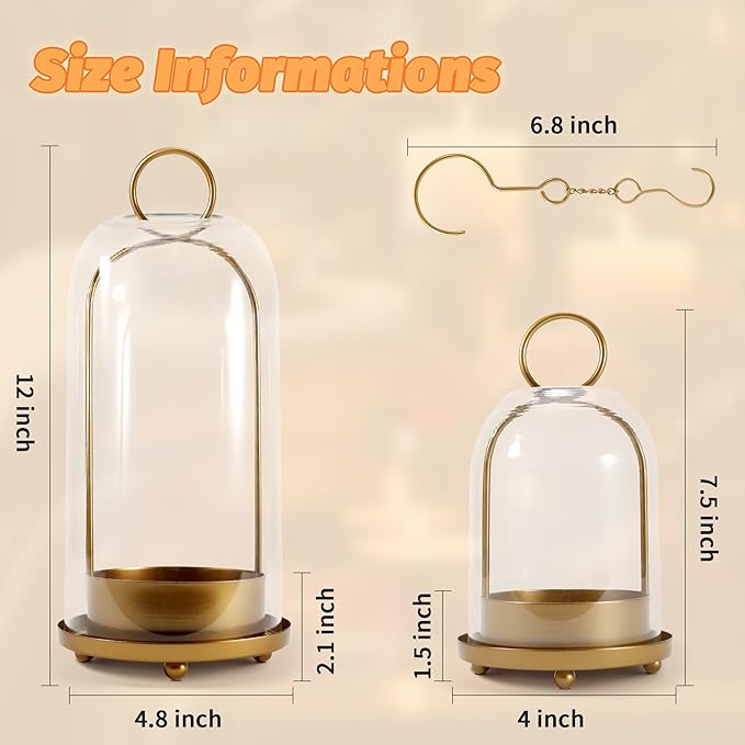 Hurricane Glass Candle Holders, Large & Medium Brass Lanterns Hurricane Candlestick Holder for Pillar Candles Vintage, Gold Metal Rustic Farmhouse Decor with Hook Chains
