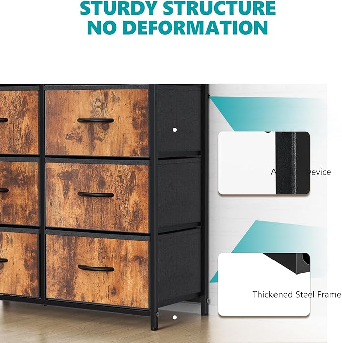 OLIXIS Dresser for Bedroom, 8 Storage Drawers, Tall Large Fabric Storage Tower Organizer, Chest of Drawers with Metal Frame Wooden Top for Nursery, Closet, Living Room, Entryway, Classic Rust Brown