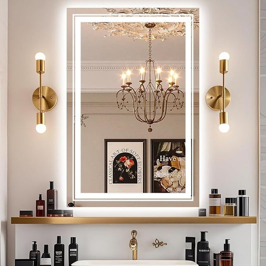 24x36 LED Mirror for Bathroom with Front and Backlit Light Up Digital Mirrors for Wall,Anti Fog,Stepless Dimmable,Tempered Silver Glass Smart Vanity Mirror for Bathroom