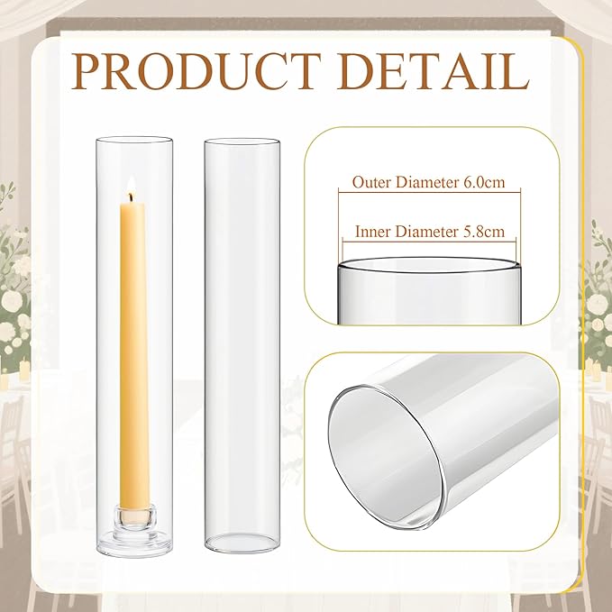 12 Set Glass Hurricane Candle Holders 11.8" Open Ended Glass Candleholder Tube Shape Bottomless and 1.26" Taper Clear Candlestick Holders for Wedding Party Table Centerpiece