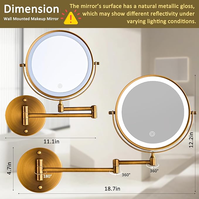 Rechargeable Wall Mounted Lighted Makeup Vanity Mirror 8 Inch Double Sided 1X 10X Magnifying for Bathroom, 3 Color Lighting, Touch Screen, 360 Rotation Shaving Brushed Antique Brass