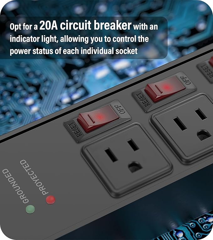 CCCEI 3 Outlet Heavy Duty Surge Protector Power Strip 20 Amp Individual Switches. 12 Gauge Extension Cord, Overload, Ground Protection. Garage Wall Mount Electric Extender, 25FT, Black.