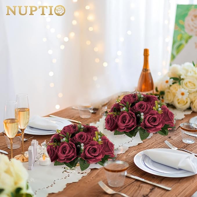 NUPTIO Flower Ball Arrangement Bouquet - 2 Pcs 9.5 inch Diameter Crimson Fake Flowers Roses Balls for Centerpieces Tables - Artificial Rose Arrangements for Wedding Centerpiece Table Decorations