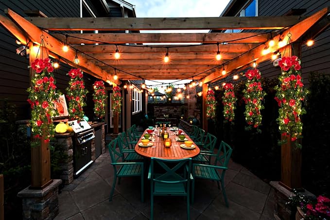 RECUTMS 4 Pack Artificial Plants Fake Hanging Flowers Faux Ivy Vines with LED Fairy Lights Plastic Outdoor UV Resistant for Home Window Garden Office Patio (Rose red)