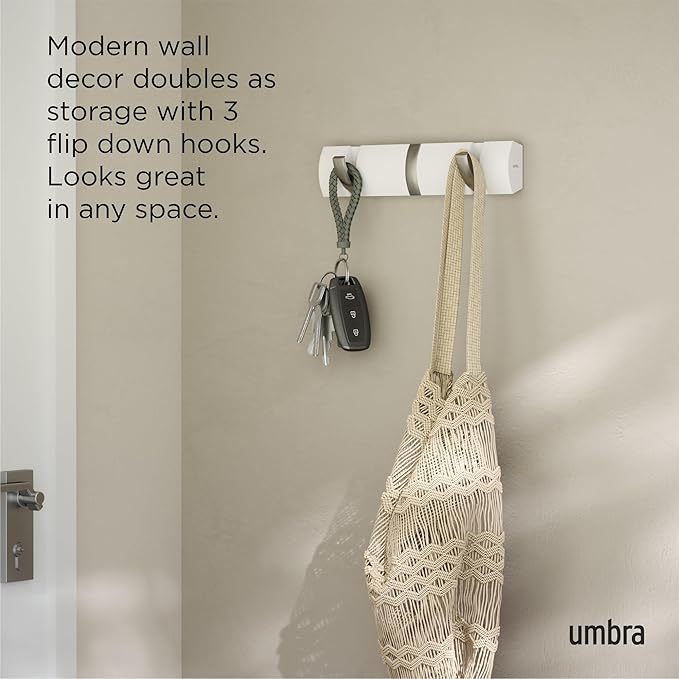 Umbra Flip Wall-Mounted Coat Rack Rail Hook for Hats, Jackets, Bags and More – Modern, Space-Saving Storage Organizer for Entryway, Mudroom, Closet, Bathroom, Bedroom, Kids Room, or Nursery, 3 Hooks,