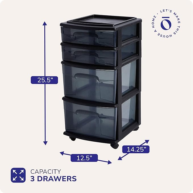 HOMZ Drawer Tower, 4-Tier Clear Plastic Storage Organizer Cart, Black Frame - Rolling Drawer Containers with Wheels for Bathroom, Bedroom, Office, and Classroom Organization
