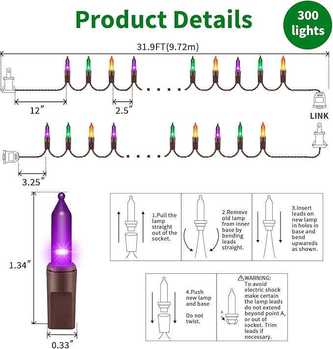 LAMPHOME Super-Bright Extendable Orange Purple and Green Christmas Lights Decoration 150Lights 31.9ft UL Certified Mini Bulb String Lights Set for Outdoor Halloween Christmas Tree Garden Holiday Decor