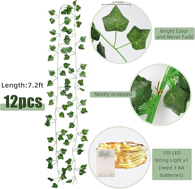 RECUTMS Ivy Fake Vines for Room Decor 12 Pack 86 FT Artificial Plant with 100 LED String Light Bedroom Aesthetic Hanging Greenery Garlands Backdrop Leaves for Wall Wedding Party Home Garden Decor