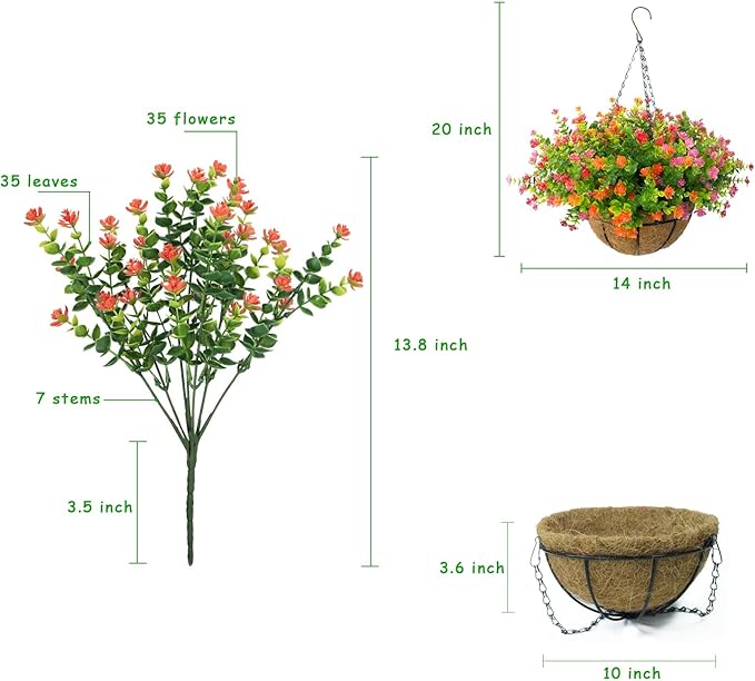 Artificial Hanging Flowers Basket, 12 UV-Resistant Bundles of Realistic Fake Flowers, Faux Plants for Outdoor Decor, Home, Garden, Porch, Patio, Spring & Summer Decorations, Orange Pink Red
