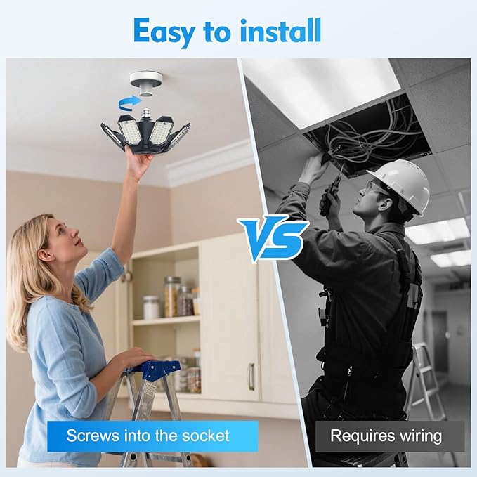TANBABY 250W LED Garage Lights 2 Pack, Total 30000LM Deformable Best Ceiling Light with 7+1 Panels, E26/E27 Screw in Bulbs for Basement, Attic