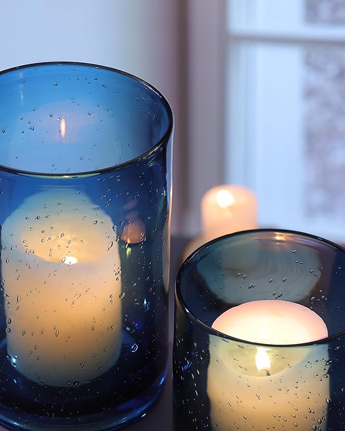 Hurricane Candle Holder Set of 3 Blue Candle Holders for Pillar Candles, Seeded Bubbles Glass Candle Holder, Blue Glass Cylinder Vases for Table Centerpieces, Home, Patio and Wedding 8" 4.7" 3.5"