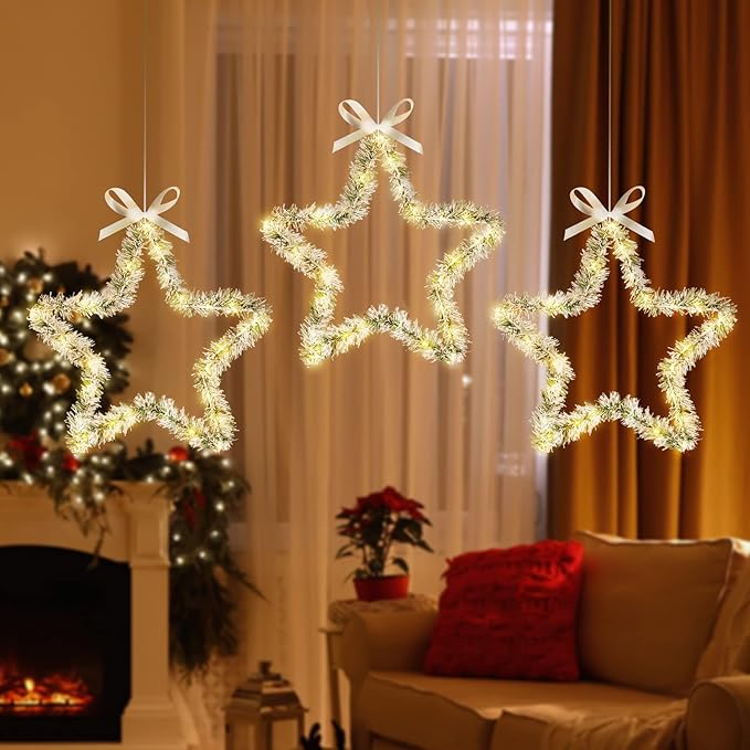 MAOYUE Christmas Window Lights 3 Pack Christmas Star Lights with Snow Pine Leaves Battery Operated Christmas Lights for Outdoor Christmas Decorations, Window, Indoor, Door, Porch, Party, Warm White