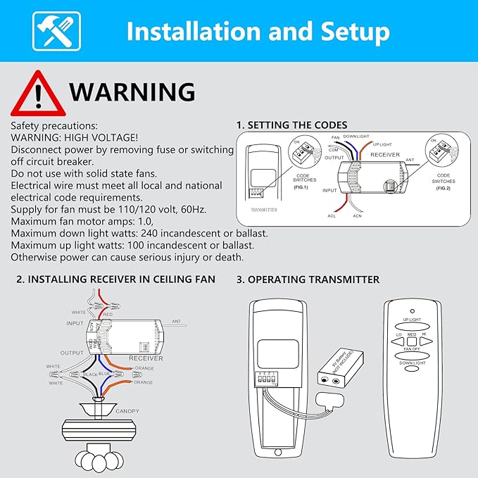 Universal Ceiling Fan Remote Control Kit with Up Down Light Controls Replacement for Hampton Bay Hunter Harbor Breeze,w/Receiver Dimmer 3-Speed,Replace for UC7078T CHQ7078T UC7083T CHQ7083T Fan-HD