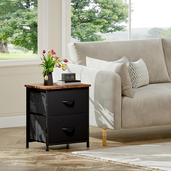 Somdot Nightstand, Small Dresser for Bedroom with 2 Drawers, Bedside Table Night Stand End Table with Fabric Bins for Bedroom Kids Closet Dorm Guest Room, Black Rustic Brown