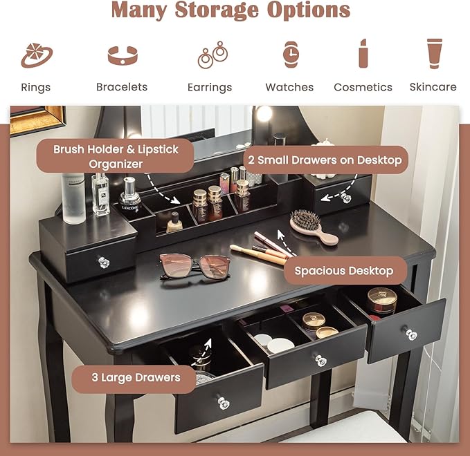 CHARMAID Vanity Desk with Mirror and Lights, Makeup Vanity Table with 5 Storage Drawers, 3 Color Lighting Modes, Adjustable Brightness, Modern Bedroom Dressing Table with Vanity Stool, Black