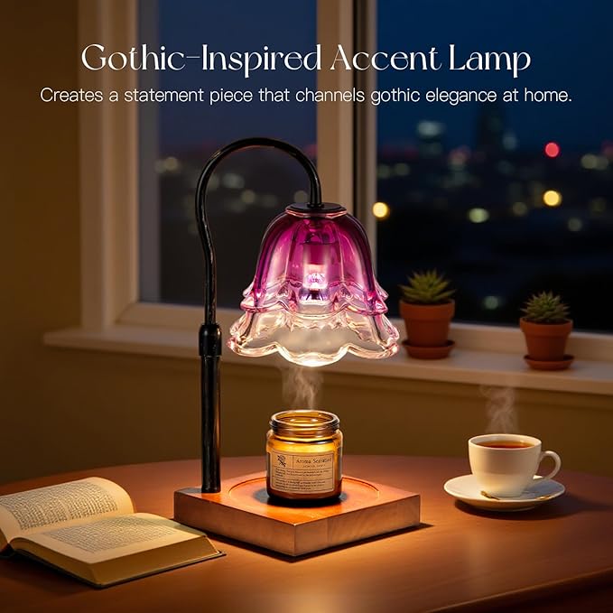 Candle Warmer Lamp with Timer: Purple Flower Candle Warming Lamp with 2 Bulbs Vintage Height Adjustable Wax Warmer Dimmable Gothic Halloween Decor Gift for Women