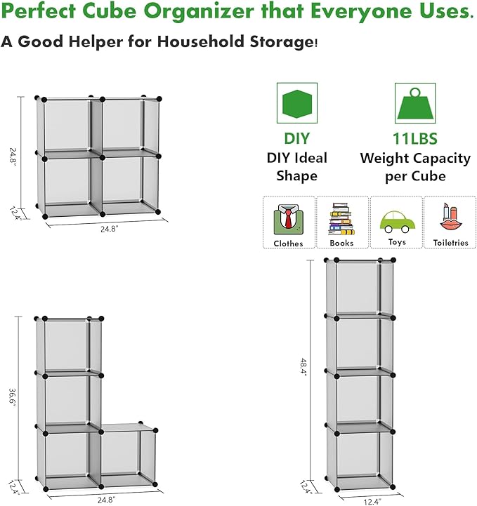 C&AHOME Cube Storage Organizer, 4-Cube Shelves Units, Closet Cabinet, DIY Plastic Modular Book Shelf Ideal for Bedroom, Living Room, Office, 24.8" L x 12.4" W x 24.8" H Grey UPCS04G