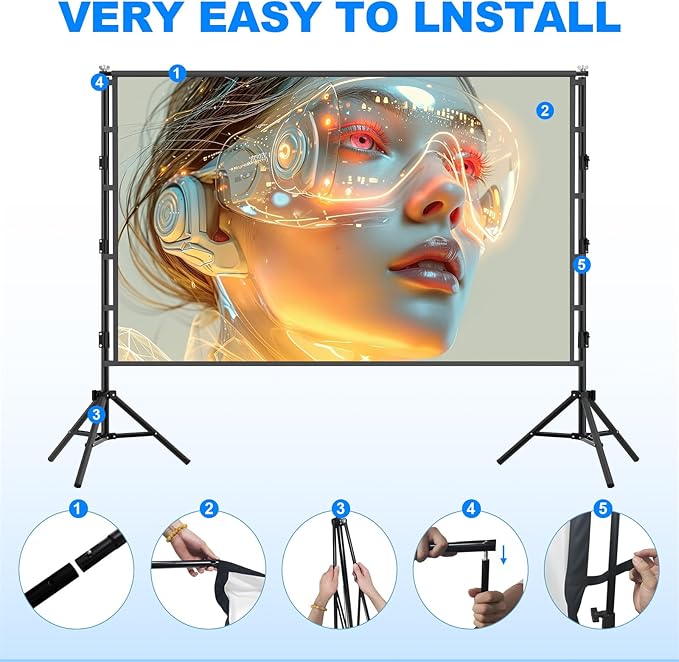 Outdoor Projector Screen with Stand,120 inch Portable Projector Screen with Heavy Duty Bracket,16:9 4K HD Rear Front Projection Movie Screen with Carry Bag for Home Theater