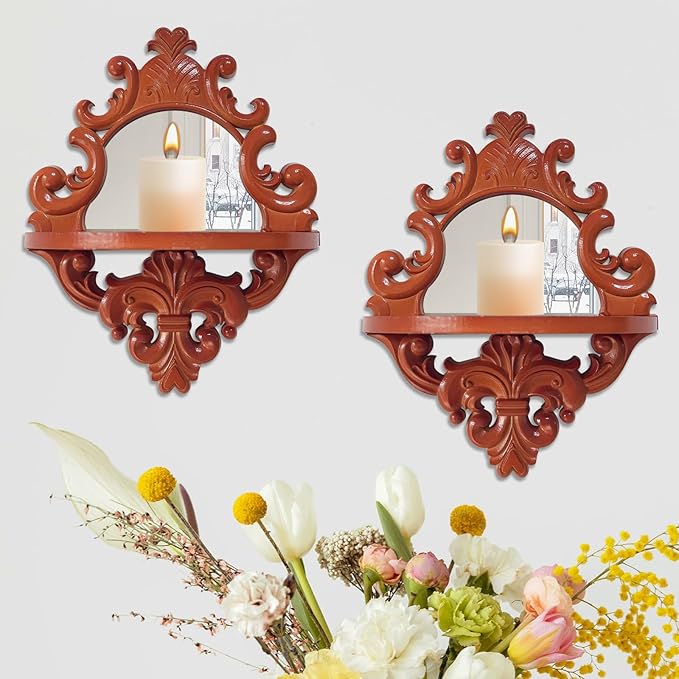 Three-Dimensional Relief Candle Sconces Set 2 Rustic Wall Mount Candle Holders Wood Hanging Wall Decor Mirrored Wall Art Hand Carved Home Decoration Brown