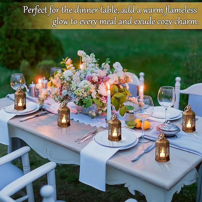 LLQ 12Pcs Mini Lantern with LED Tea Light, Garden Fairy Party Decorations, Battery Included, Vintage Lanterns Decorative, Hanging Candle Lanterns for Halloween Christmas Wedding Table Centerpiece