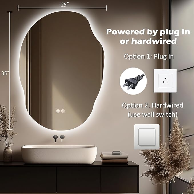 LED Mirror for Bathroom 25x35, Stepless Dimmable Irregular Backlit Mirror with 3 Colors, Anti-Fog, Memory, Al-Alloy Lampshade, Frameless Vanity Mirror for Bathroom (Horizontal/Vertical)