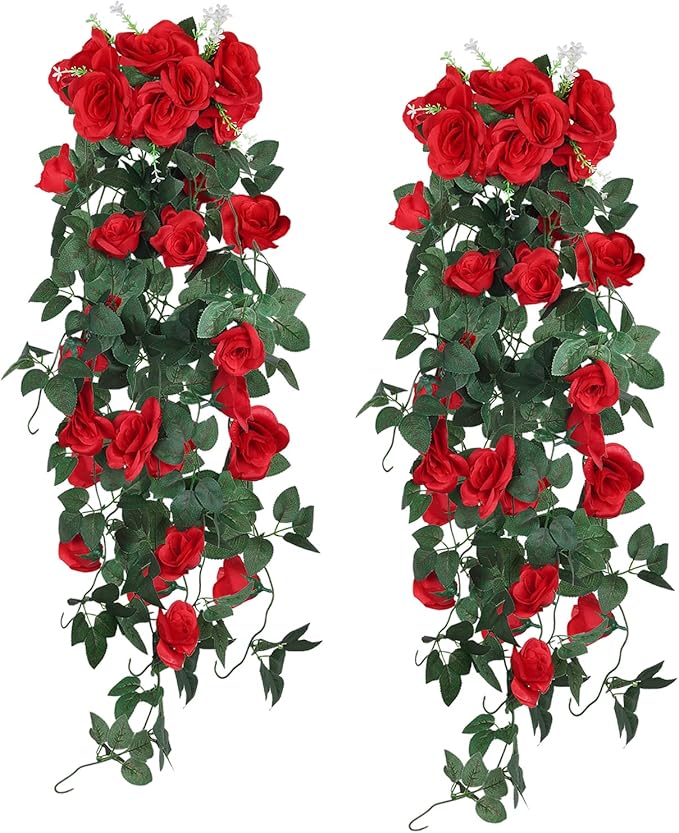RECUTMS Hanging Flowers Artificial Plants 2PCS 3.3Ft Rose Vine Flower for Home Room Garden Wedding Indoor Outdoor Decoration (Red)