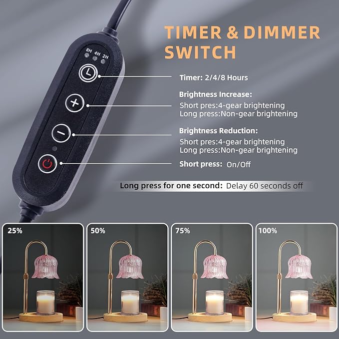 Candle Warmer Lamp with Timer: Flower Shape Wax Lamp Candles No Flame Home Decor Pink Candles Warming Lights