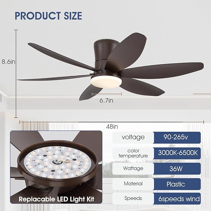 48In Ceiling Fans with Light and Remote/APP Control, 6-Blade Reversible Motor Ceiling Fan, 3-Color Dimmable Lighting, All-Brown Finish