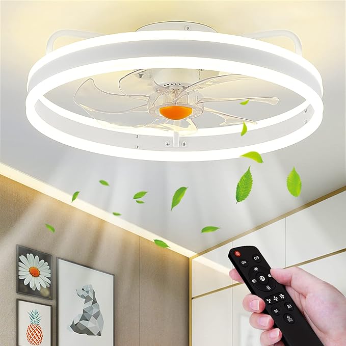 Ceiling Fans with Led Lights and Remote for Bedroom- Low Profile Flush Mount- 20” Modern Bladeless Enclosed Small Ceiling Fans with Stepless Dimming