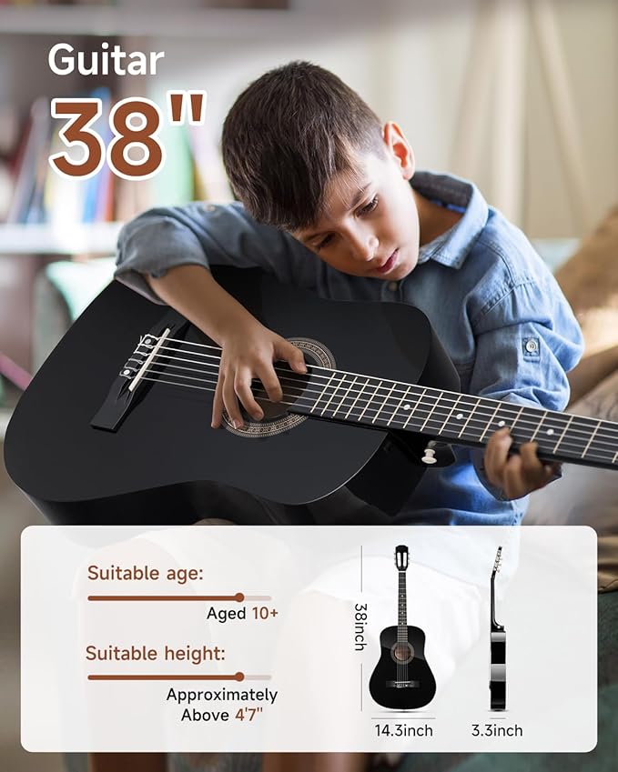 Moukey 38" Acoustic Guitar for Beginners Kids Youth Adult Dreadnought Guitarra Acustica Kit with Chord Poster, Gig Bag, Tuner, Picks, Nylon Strings, Capo, Strap - Black