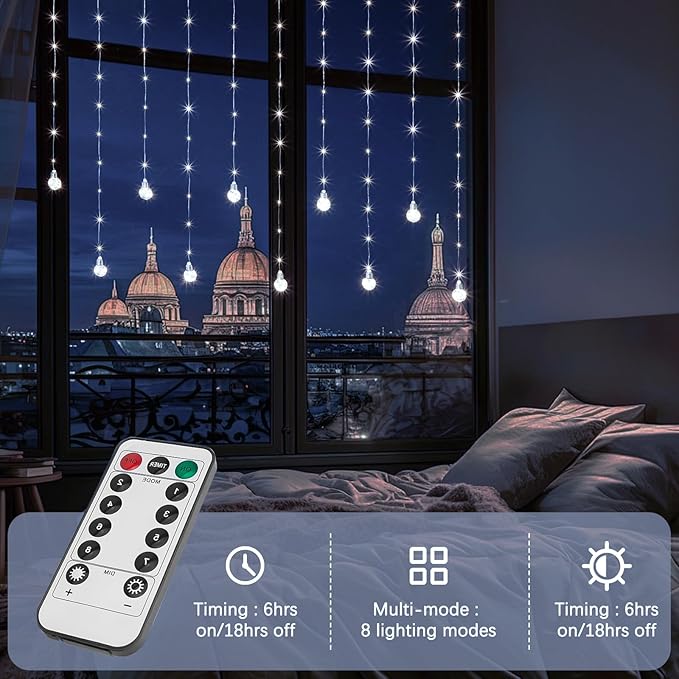 Minetom 200 LED Wishing Ball Curtain Lights - Fairy String Lights with Remote, USB Powered Waterproof for Christmas Wedding Party Bedroom Decoration, Pure White