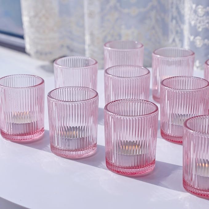 VOHO Pink Candle Holder Set of 12, Ribbed Votive Candle Holders for Pink Room Decor, Tealight Candle Holder Romantic Gifts for Valentine Christmas Decorations(2.1'' x 2.6'')
