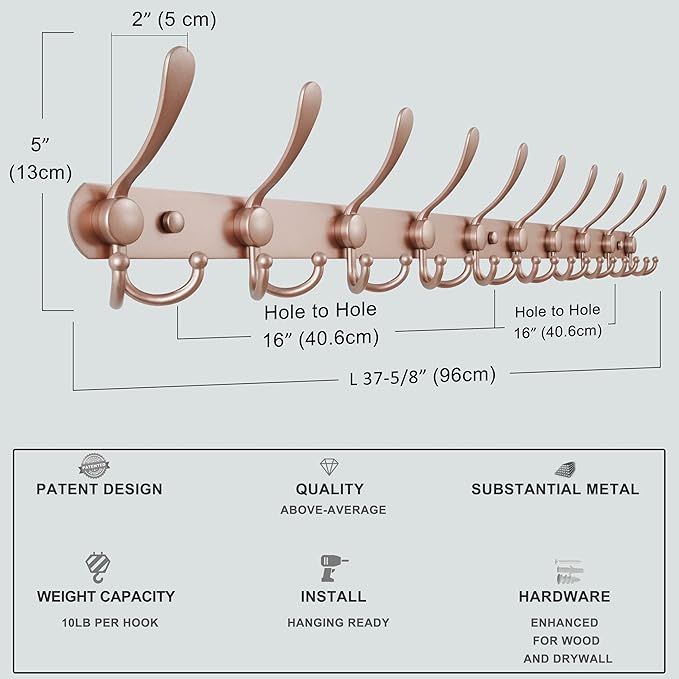 Dseap Coat Rack Wall Mount - 38” Long 10-Tri-Hooks Heavy Duty Coat Hanger Rail Wall Hooks for Hanging Coats Hats Clothing Clothes Purse Mudroom Entryway, Rose Gold