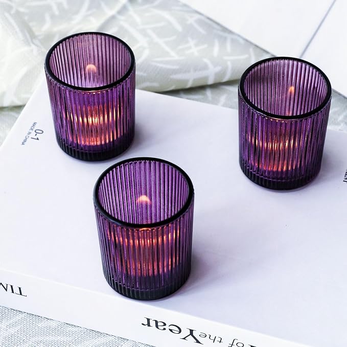 VOHO 12pcs Purple Votive Candle Holders for Christmas Holiday Decorations, Vintage Glass Votive Candle Holder for Coffee Table Centerpiece, Ribbed Tealight Candle Holder for Birthday Gifts