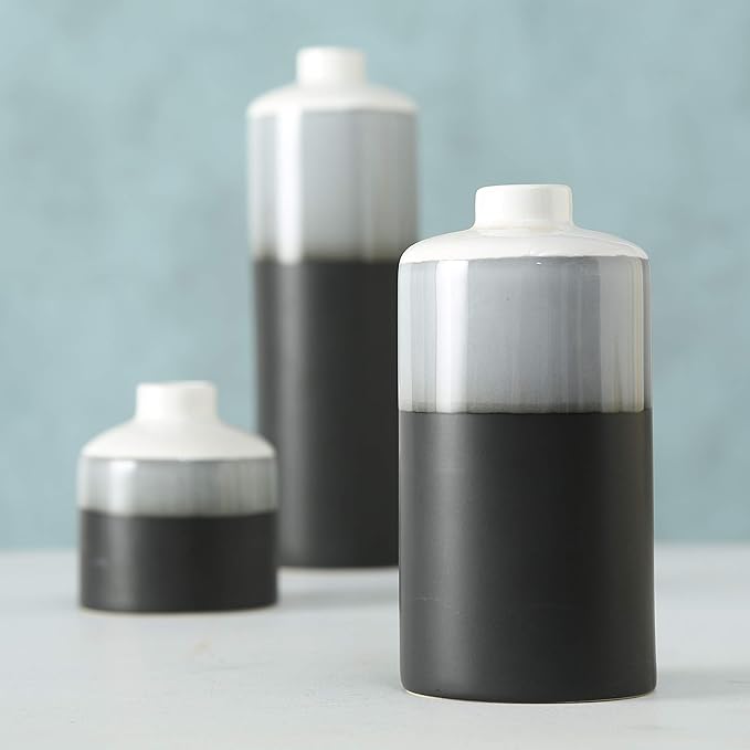 Iconic Dipped Scandinavian Style Bud Vases, Set of 3, Glazed Porcelain, Tonal Shades, Pale Grey, Grey, and Black, Round, 11.5, 7, 4.25 Inches