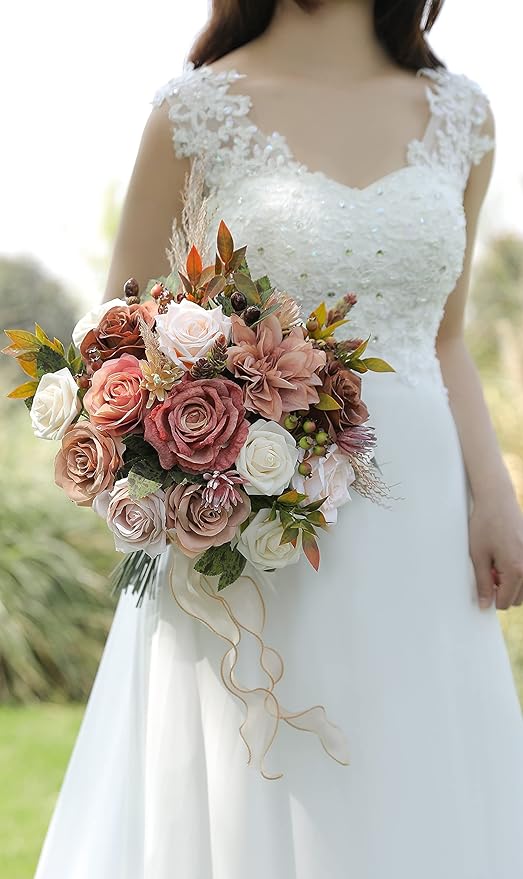 Artificial Flowers Combo Silk Mix Fake Flowers Leaf for DIY Wedding Bouquets Floral Centerpieces for Tables and Chairs Party Baby Shower Home Decorations(Coffee)