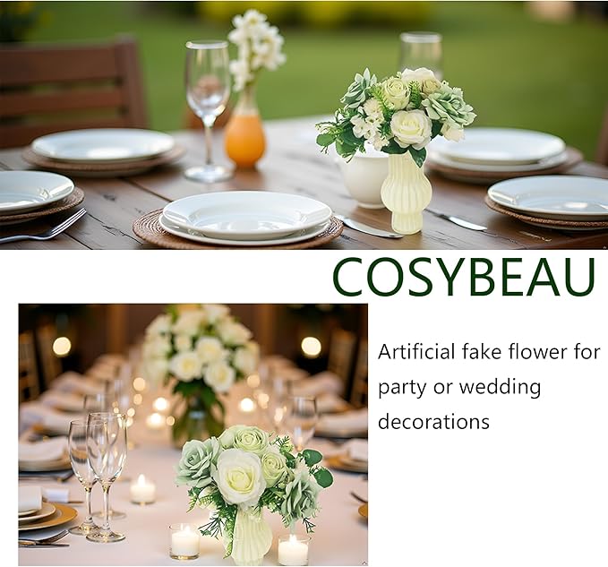 Artificial Flowers Fake Roses, Faux Plant with Stems for DIY Wedding Bouquets Bridal Shower Centerpieces Arrangements Party Tables Decorations (24, Mix Shades of Light Green)