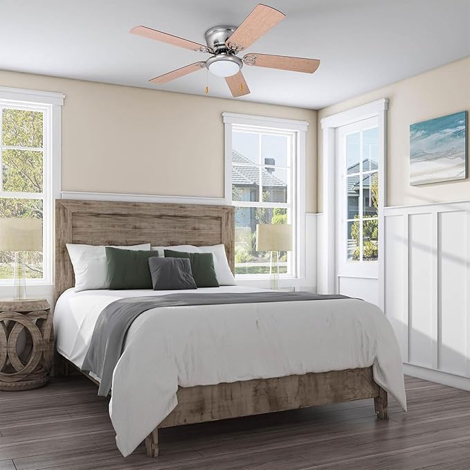 Prominence Home Benton Traditional 52 Inch Ceiling Fan with Light, LED Flush Mount Ceiling Fan, Indoor Fan with 5 Blades, Brown Walnut and Brown Maple Blade Finish Options, Brushed Nickel (51428-01)