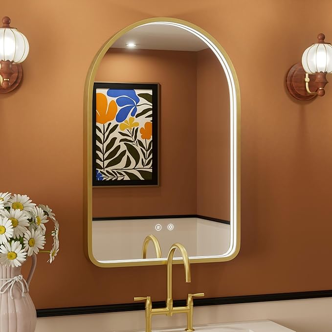20x30 Inch Arched LED Bathroom Mirror with Lights, Adjustable 3000K/4500K/6000K, Wall Mounted Gold Frame Lighted Bathroom Vanity Mirror, Anti-Fog, Dimmable, Memory Function