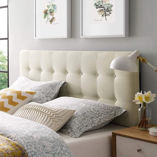 Modway Emily Tufted Button Linen Fabric Upholstered Full Headboard in Ivory