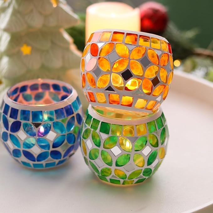 SHMILMH Mosaic Candle Holders Set of 4, Handmade Glass Tealight Votive Holders, Vibrant Red Yellow Blue Green for Diwali Christmas Wedding Party Decor, Year-Round Festive Centerpiece