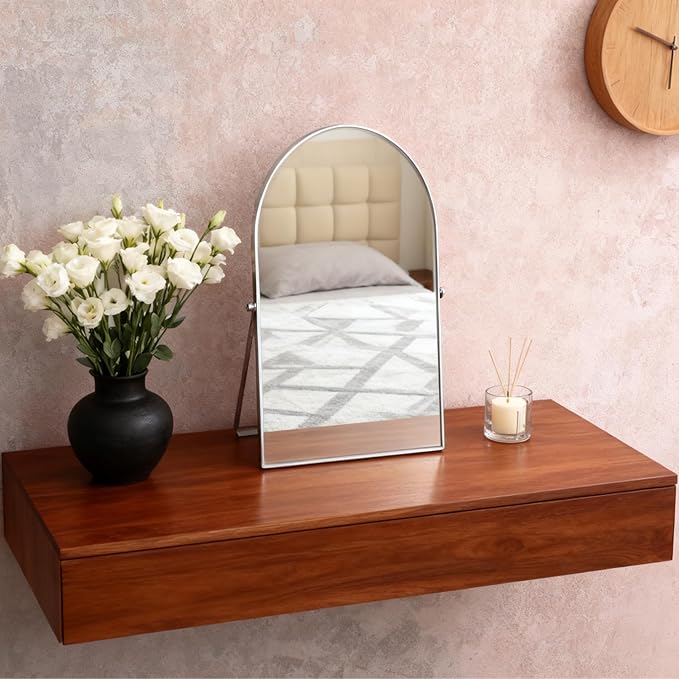 Silver Metal Mirror Vanity Table Desk Arch Makeup Mirror 90°Adjustable Rotation Framed Standing Mirrors Room Decor for Living Room,Bedroom,Tabletop,Bathroom