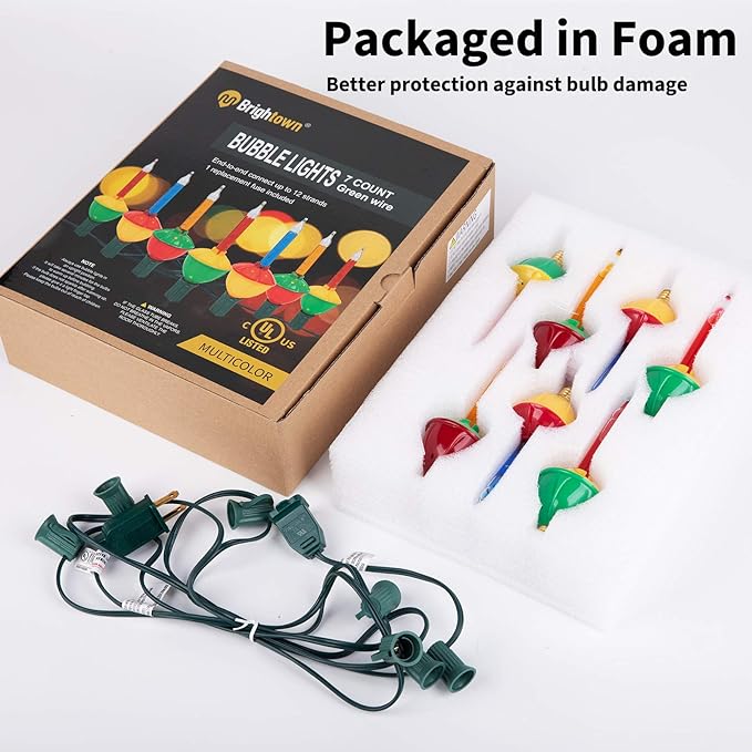 Brightown Multicolor Christmas Bubble Lights with 7 Bulbs, 2 Pack Night Bulbs UL Listed Christmas Tree Lights for Holiday Xmas Celebrations Lighting, Green Wire