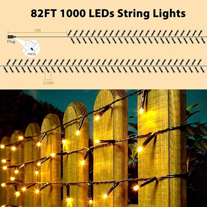 Quntis 82ft 1000 LED Cluster Christmas String Lights - Dark Green Wire Tree Lights - 8 Modes Outdoor Waterproof Plug-in for Holiday, Wedding, Party, Home Decor, Warm White
