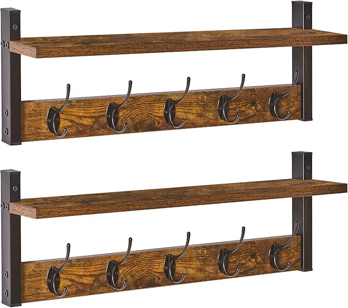 YMYNY Coat Rack Wall Mount with Shelf, 2 Pack 23.6" Coat Hooks Coat Hanger Wall Mount, Wall Hooks for Hanging, Hat Rack for Wall, Towel Hooks for Bathrooms, Rustic Brown UHWS004H-2