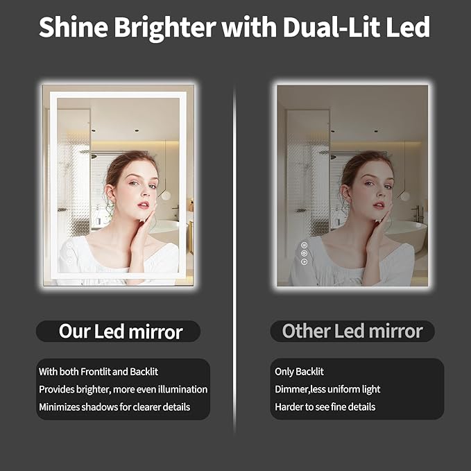 Koonmi 32x24 LED Bathroom Mirror, Backlit + Front Lit, LED Bathroom Mirror with Lights for Wall, 3 Colors, Anti-Fog, Dimmable Brightness, Memory Function, Tempered Glass