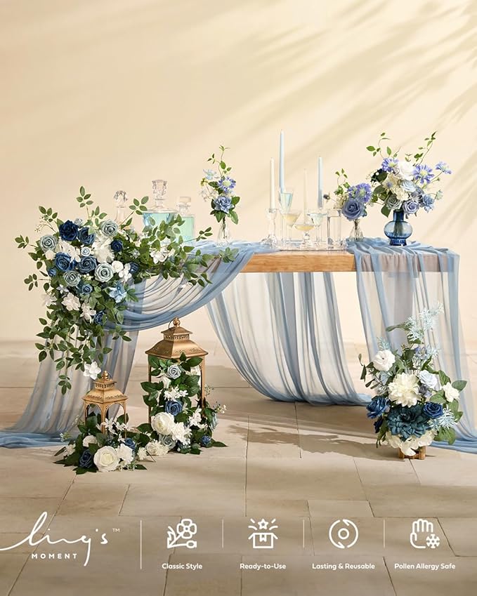 Ling's moment 2PCS Dusty Blue Artificial Floral Swags Centerpieces Wedding Flower Rose Garland Greenery Arrangements for Sweetheart Table Decor Backdrop Arch Flowers Wall Home Garden Decorations