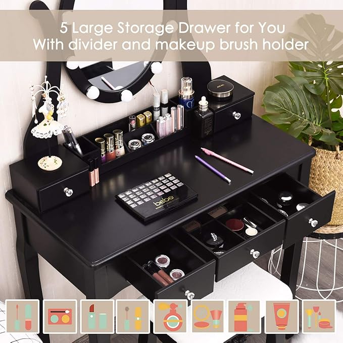 CHARMAID Makeup Vanity Table with Lighted Mirror, Vanity Desk with 10 LED Lights, Adjustable Brightness, 5 Drawers and Removable Storage Organizer, Bedroom Dressing Table with Stool (Black)