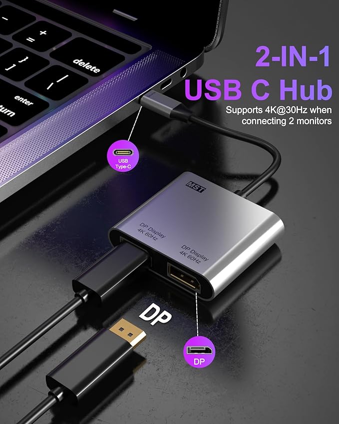 USB C to Dual DisplayPort Adapter, 4K@60Hz Display Port Splitter for Dual Monitors, Type C to DP Dual Monitor Converter Compatible for Dell XPS 13 15,Lenovo Yoga,Sumsung Chromebook,HP etc